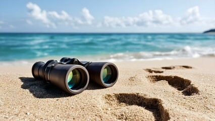Binoculars resting on sandy beach near the ocean with footprints leading towards the water and a clear sky in the background. Concept Beachfront Serenity, Binoculars by the Shore, Ocean Footprints