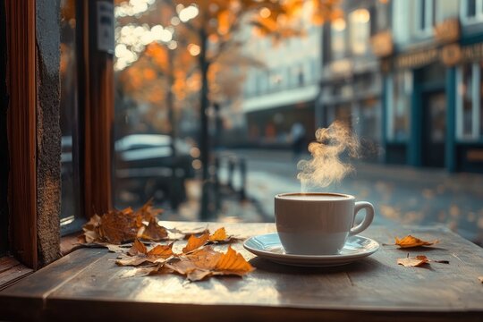 A cup of coffee on a table with autumn leaves near a window overlooking a blurred street scene outside