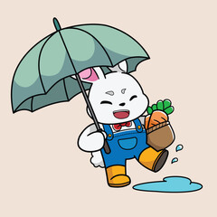 A Happy Rabbit Is Using Umbrella Shopping Carrots 