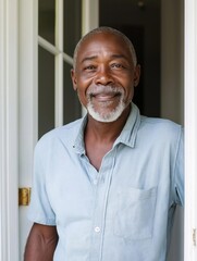 Obraz premium Portrait of a middle-aged african-american man standing in front of a white door. he is wearing a light blue button-down shirt and has a white beard and mustache.