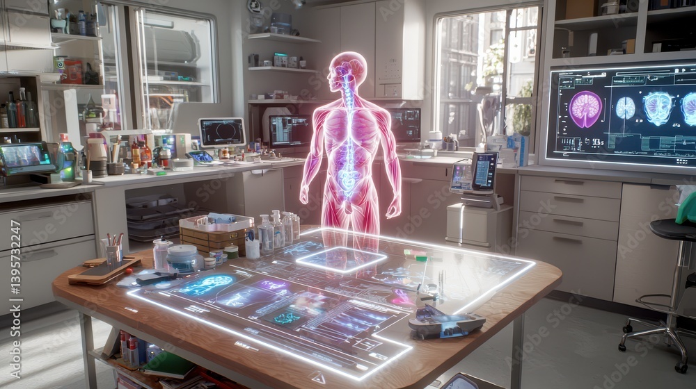 Poster holographic display of human evolution in a science lab digital visualization modern environment fut