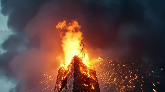Tower engulfed in flames against a dramatic sky, showcasing a fire in an urban setting