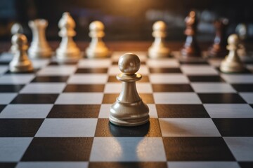 Close-up of a golden pawn on a chessboard surrounded by other pieces during an intense game in a dimly lit room