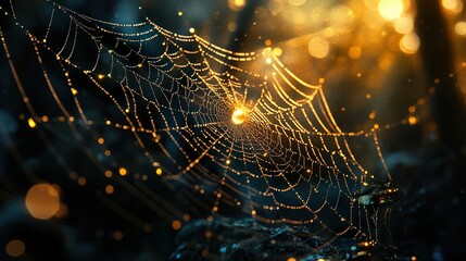 Centers on mesmerizing craftsmanship of a celestial spiderweb embellished with a glistening dewdrop, unveiling ethereal filaments, luminescent droplet, and harmonious alliance between arachnid and nat