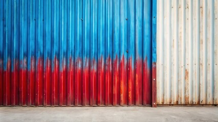 Rustic Metal Wall with Red, Blue, and White Corrugated Panels and Concrete Floor