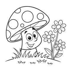 Cartoon Mushroom and Flowers Line Art Coloring Illustration for Kids