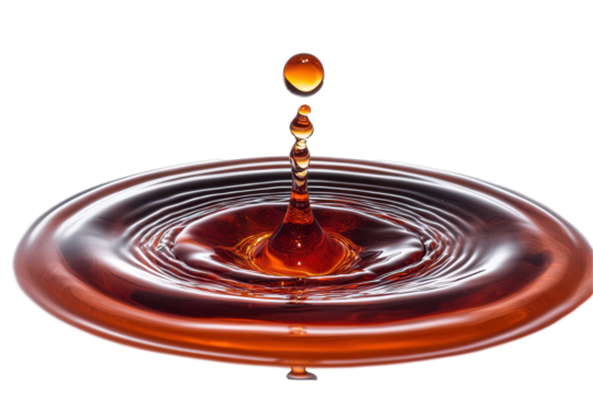 Amber liquid drop impact ripples water splash isolated on transparent background