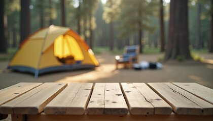 light brown wooden table against yellow camping tent background