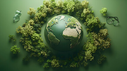 Digital Illustration Of Planet Earth Surrounded By Lush Green Trees