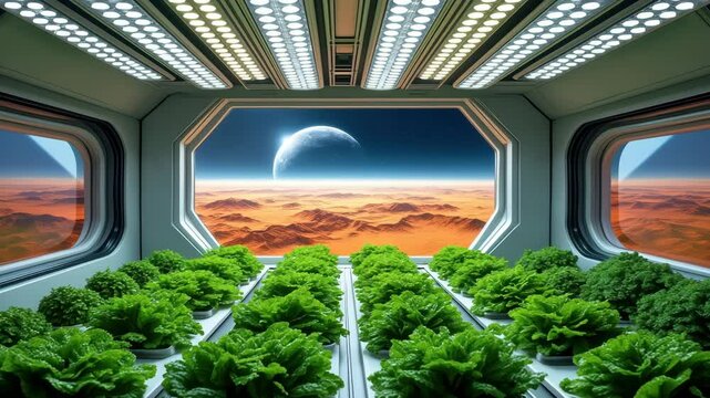 Lettuce and parsley grow steadily inside high-tech space greenhouse with stars twinkling outside.
