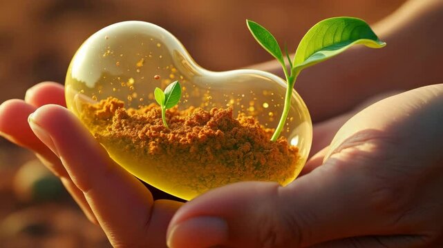 A hand holds a clear nutrient pod surrounded by greenery.

