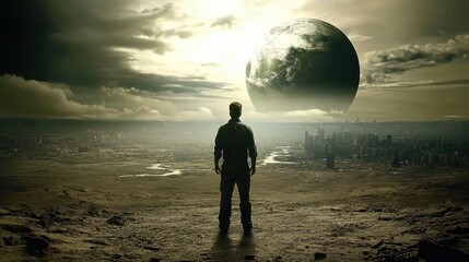 Alone on a desolate, earth-like plain, a man gazes at a looming celestial body above a cityscape