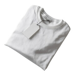 Folded white t-shirt with tag on product photography minimalist studio setting