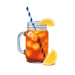 Refreshing Iced Tea: A close-up studio shot of a refreshing, photorealistic iced tea served in a clear mason jar, garnished with a vibrant lemon slice, and striped straw.