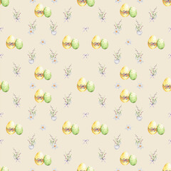 Pattern with a colorful eggs and a bouquets of snowdrop, willows and daffodil on a yellow background.