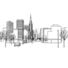 Obraz premium Urban Silhouette: A minimalist line drawing captures the essence of a city skyline. Sleek buildings and architectural elements define the urban landscape.