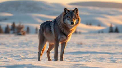 Wolf, canine, animal, mammal, predator, wildlife, nature, snow, winter, cold, outdoors, standing, alert, watchful, furry, gray, white, tundra, arctic, wilderness, landscape, mountains, trees, sunlight