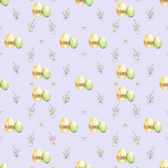 Pattern with a colorful eggs and a bouquets of snowdrop, willows and daffodil on a violet background.