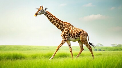 Obraz premium Elegant Giraffe Walking on Grassland, Isolated on White Background - Stock Photo