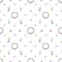 Pattern with a wreath of violets, snowdrops and willow, individual floral elements on a white background.