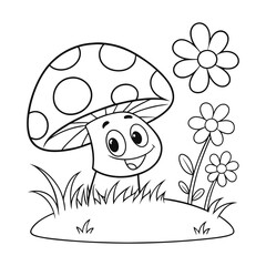 Cartoon Mushroom and Flowers Line Art Coloring Illustration for Kids