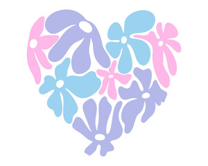 Abstract flowers and love shape poster. Organic drawing shapes matisse style, naive art. Heart vector illustration