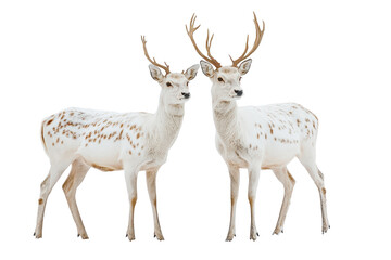 Obraz premium Two white deer with antlers in winter snow scene isolated on transparent background