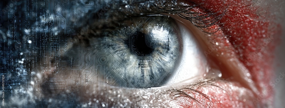 Poster futuristic digital eye with circuit patterns surrounded by glowing lines, representing ai vision and
