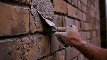 Bricklayer applying mortar, outdoor construction, close-up hand