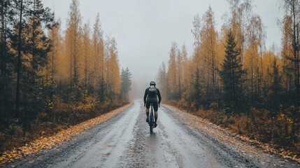 Obraz premium Solitary Cyclist on a Misty Autumn Road