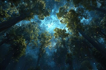A view looking up through forest trees at a night sky filled with stars and glowing blue nebula clouds