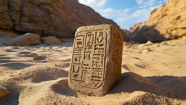 An ancient stone tablet displaying hieroglyphics in a sandy, rocky landscape, suggesting historical significance. Concept Ancient Hieroglyphics, Stone Tablet Discovery, Historical Significance