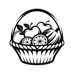 Black and White Basket Filled with Apples and Oranges, Outline Style, Isolated