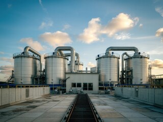 Obraz premium Industrial facility with large silos and pipelines under a clear blue sky during late afternoon