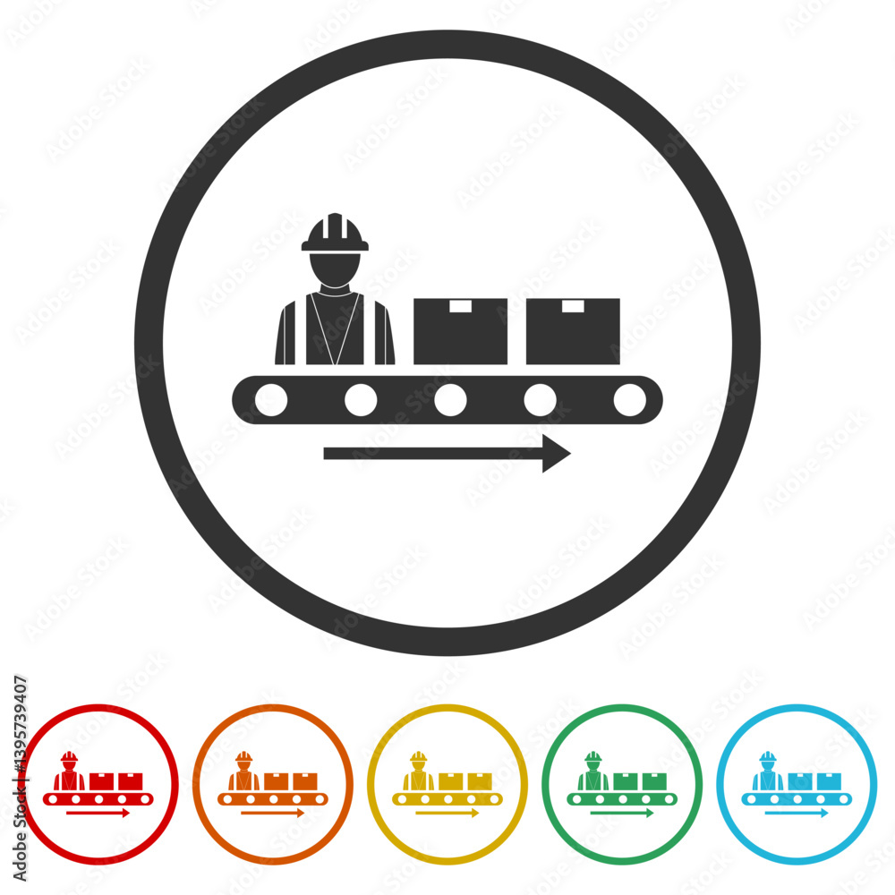 Poster production lines of the conveyor icon. set icons in color circle buttons