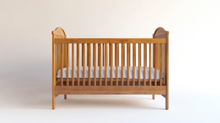 Wooden baby crib with mattress, isolated on white background.
