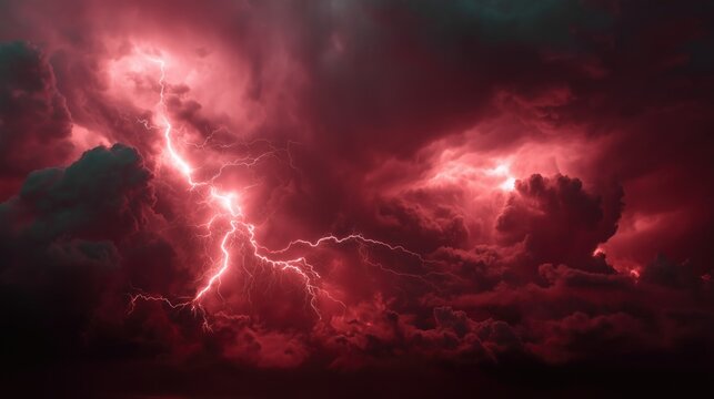 Awesome thunderbolt in dark night sky. A stunning red sky lightning storm, generative ai