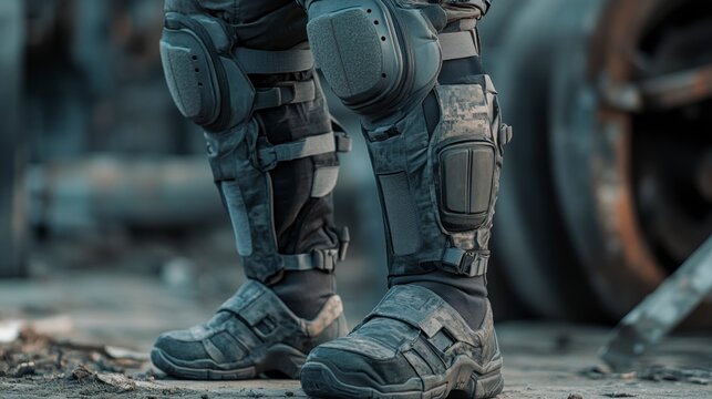 Close-up of tactical leg armor and boots in a post-apocalyptic setting. - Powered by Adobe