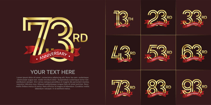 Anniversary logo set with double line number style. gold color with red ribbon can be use for special moment