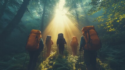 Adventurous Hikers Explore Sunlit Forest Path Amidst Lush Greenery
