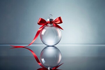 Elegant Minimalist Christmas Ornament: Red Ribbon Glass Bauble on Reflective Surface