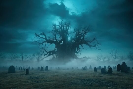 Spooky cemetery with giant tree and fog at night