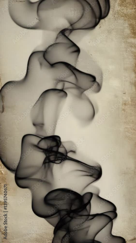 Poster an abstract scene where dynamic black incense smoke