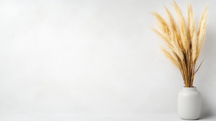 Naklejka premium A white ceramic vase holding dried wheat stalks on a minimalist white background, simple and elegant composition, and home decor concept.