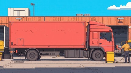 Truck Driver Securing Cargo with Heavy-Duty Straps at Freight Yard, Red Semi-Truck and Worker Illustration