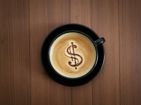Overhead shot of coffee with dollar Sign business and finance Theme