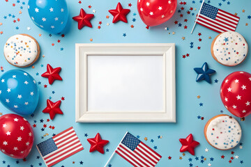 Obraz premium Patriotic American scene, white picture frame, red white and blue balloons, American flags, star decorations, confetti, cupcakes with sprinkles, festive tabletop, 4th of July celebration, Independence