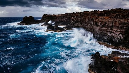 Fototapeta premium A rugged coastline with crashing waves and dark cliffs under a cloudy sky, highlighting the power of the ocean. Concept Rugged Coastline, Crashing Waves, Dark Cliffs, Cloudy Sky, Power of the Ocean