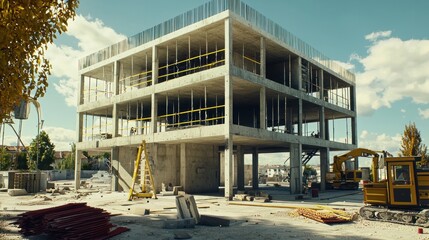 Concrete building under construction, urban site, autumn