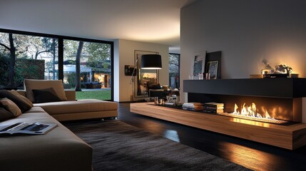 Modern living room with fireplace, garden view, night